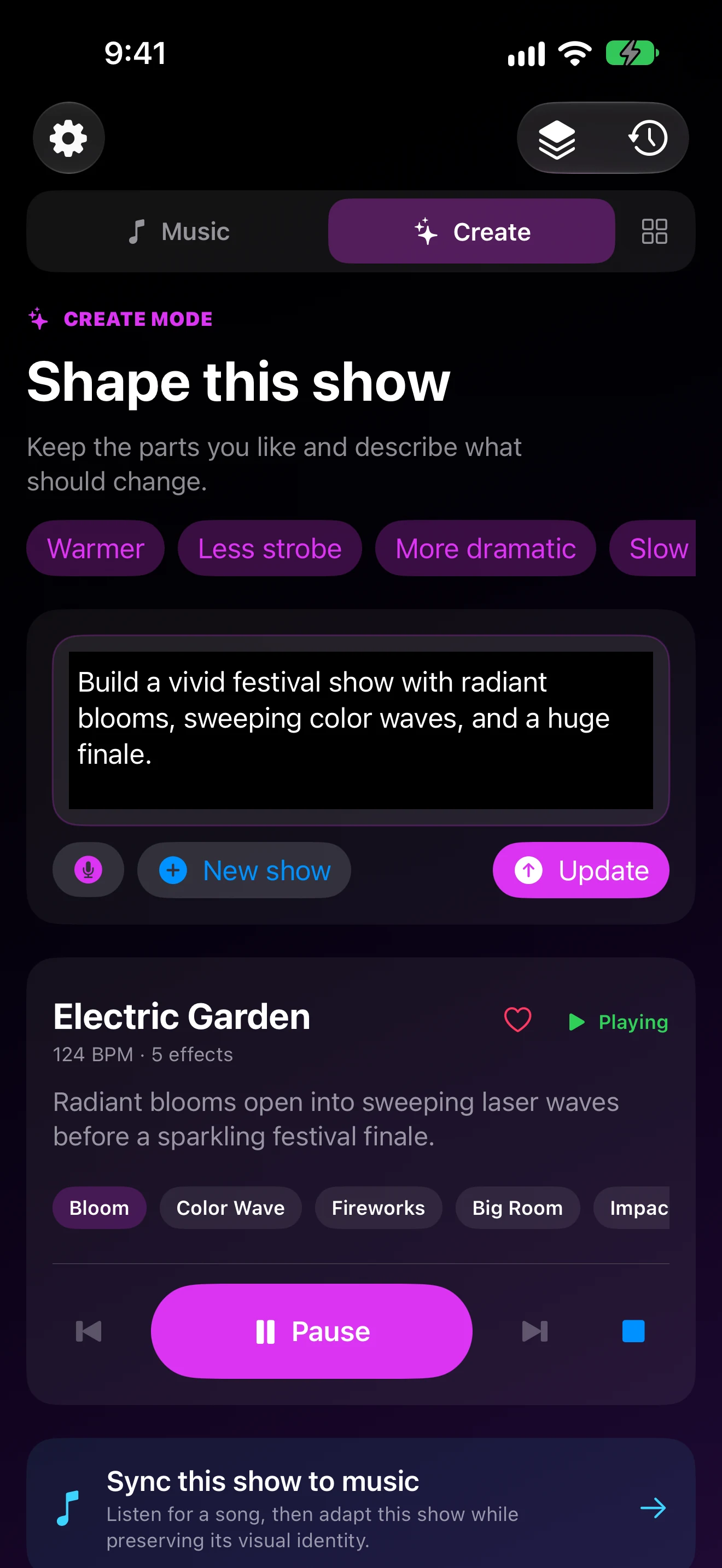 Light DJ Remix Create mode with voice input, refinement suggestions and the Electric Garden show