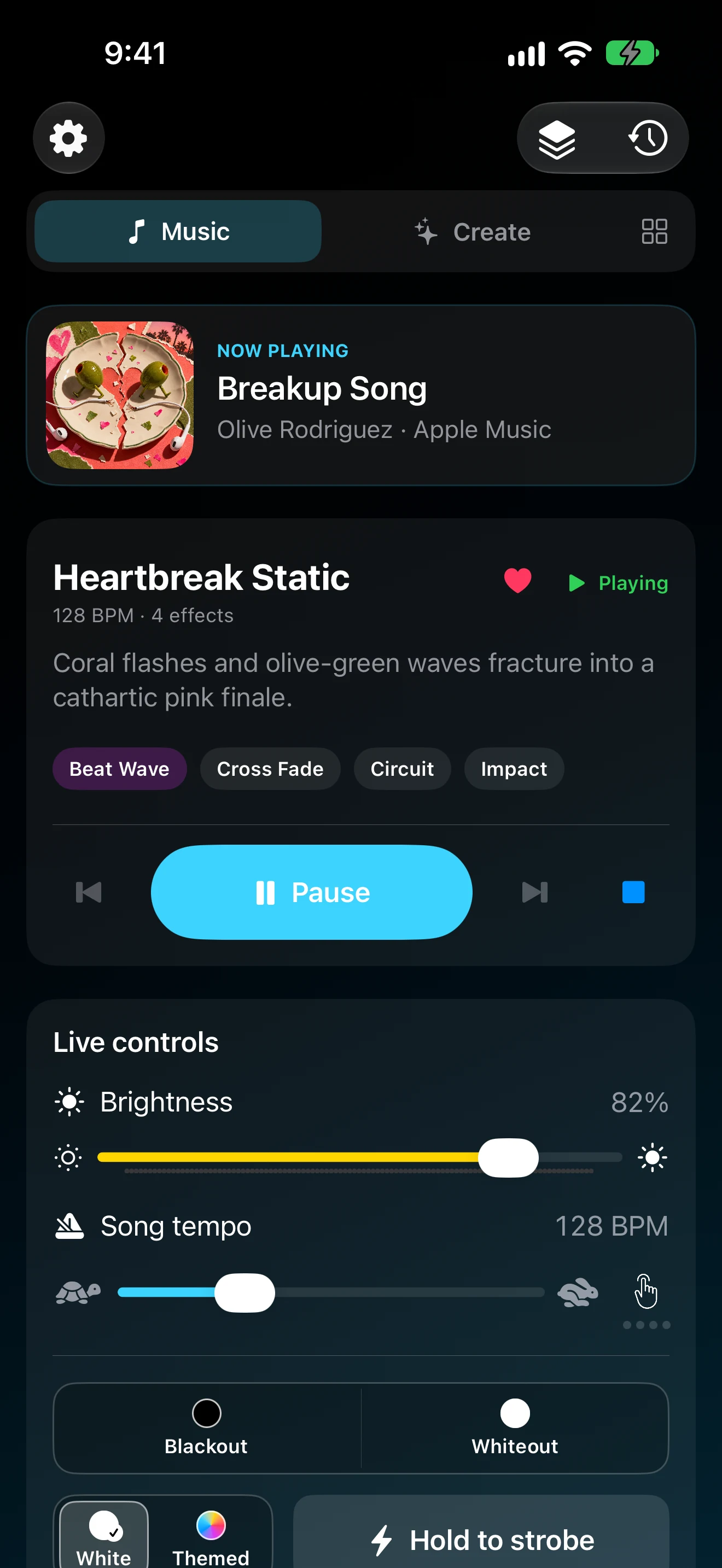 A fictional song playing in Light DJ Remix with a generated show and live brightness and tempo controls